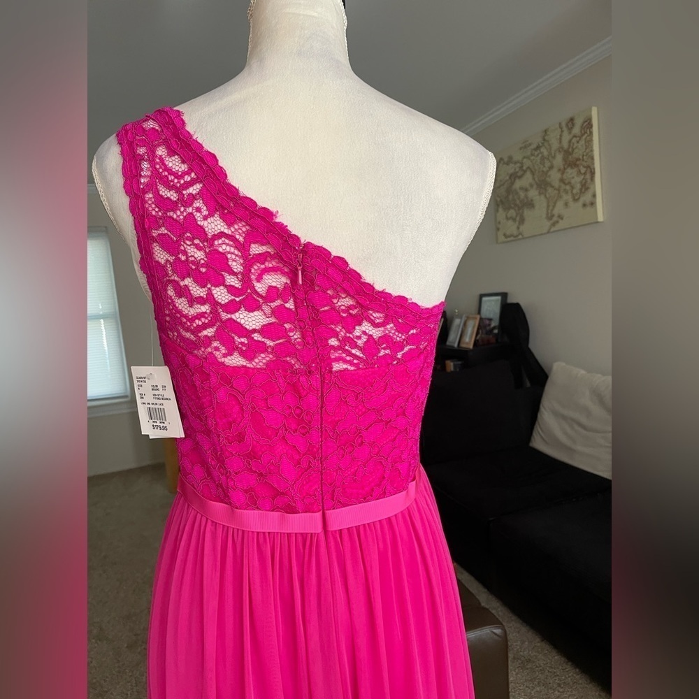 David’s Bridal Begonia Long One Shoulder Lace Prom Dress Size 6 Color Pink NWT - Picture 4 of 14